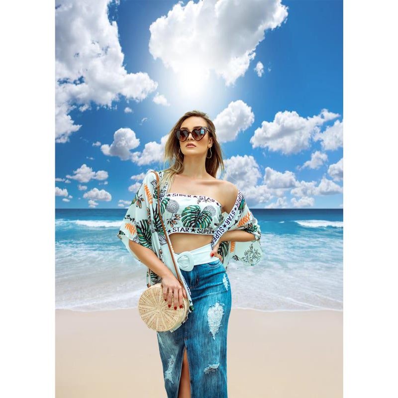 Baocicco 5x7ft Seaside Beach Backdrop Blue Pure Sea Water Backdrops Blue Sky White Cloud Seaside Wedding Tropical Siesta Back Ddrop Holiday Festival Photo Shooting Props Booth Props - Image 3